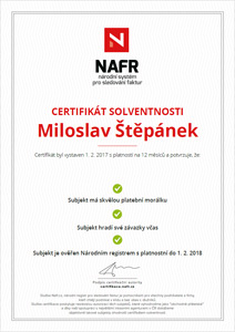 Certifikát solventnosti, udělený nezávislou certifikační autoritou Národní registr pro sledování faktur